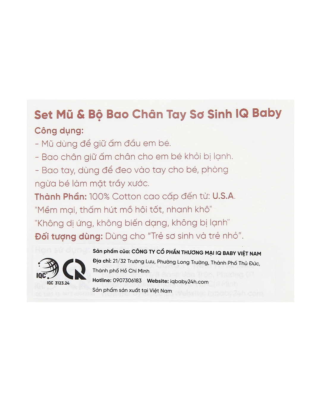 Set nón, bao tay bao chân in hoa hồng IQ Baby màu trắng (0 - 3 tháng) 11