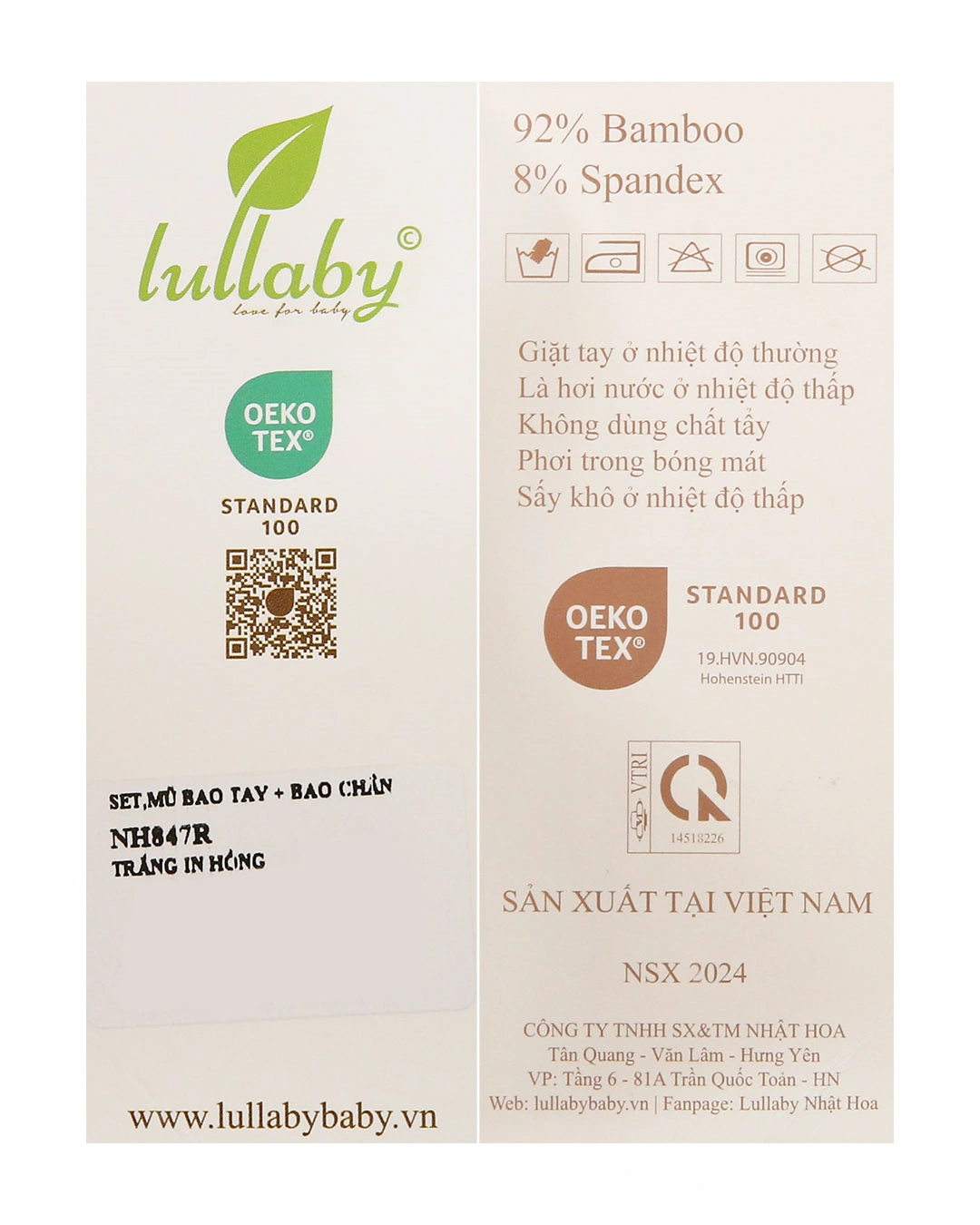 Set nón, bao tay bao chân in hình hồng Lullaby NH847R màu trắng (0 - 1 tháng) 10