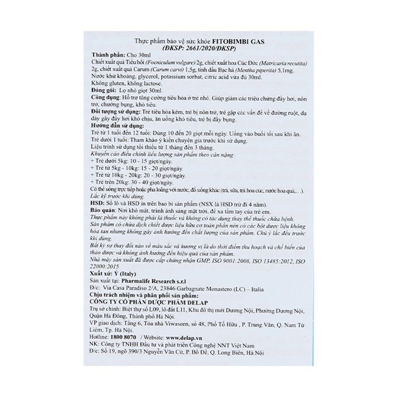 Fitobimbi Gas hỗ trợ tăng cường tiêu hóa, 30 ml dạng nhỏ giọt (1 - 12 tuổi) 6