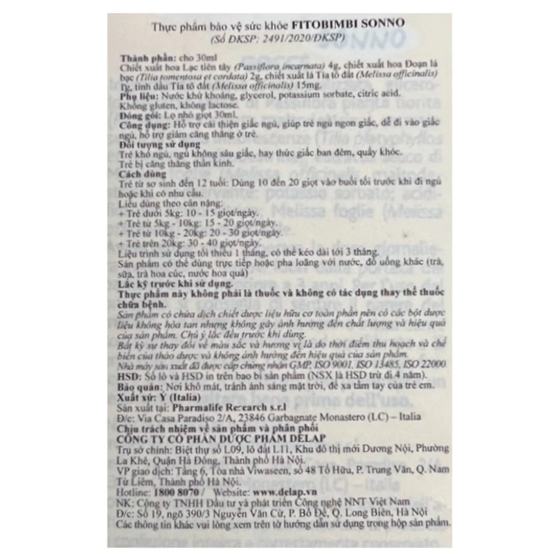 Fitobimbi Sonno hỗ trợ cải thiện giấc ngủ, 30 ml dạng nhỏ giọt (0 - 12 tuổi) 4