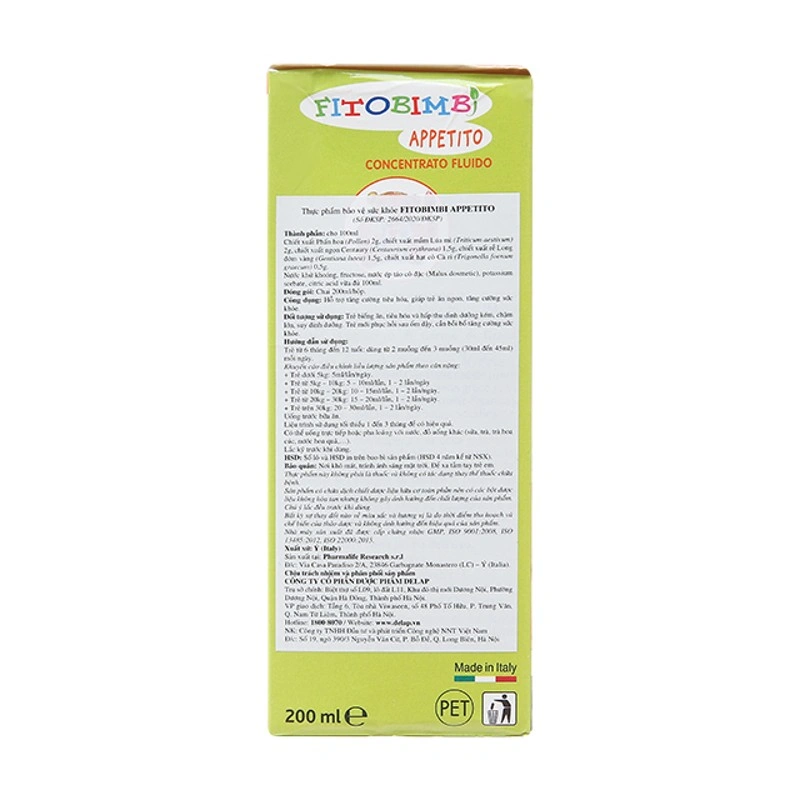 Siro Fitobimbi Appetito hỗ trợ tăng cường tiêu hóa hương táo, 200 ml dạng uống (6 tháng - 12 tuổi) 4