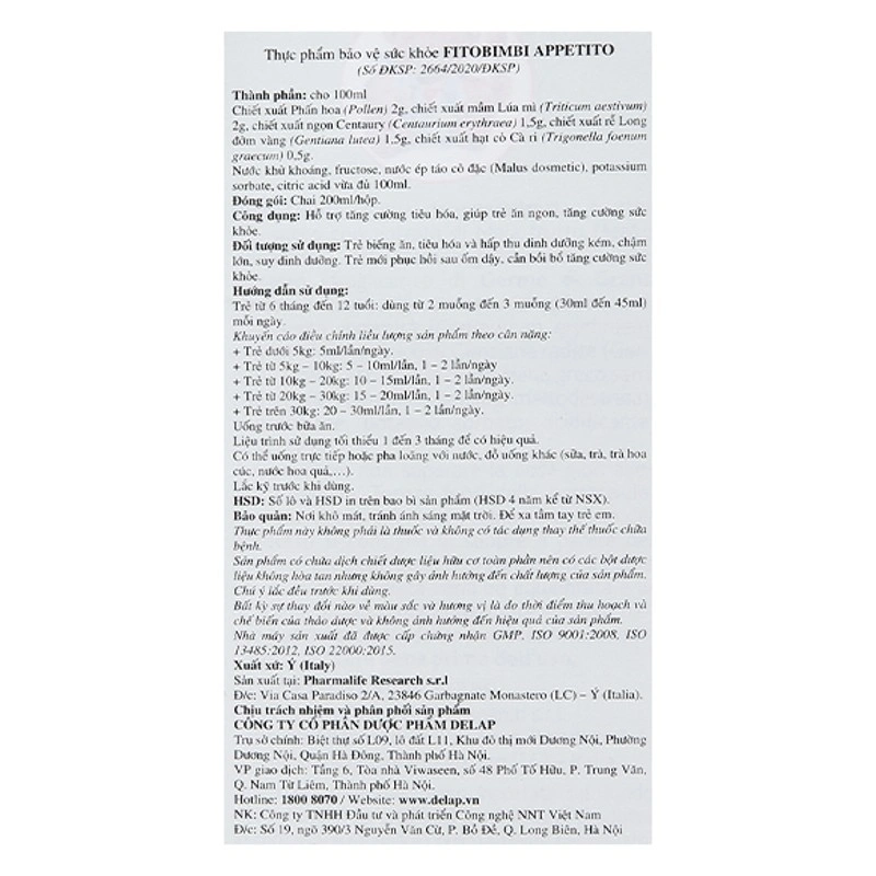 Siro Fitobimbi Appetito hỗ trợ tăng cường tiêu hóa hương táo, 200 ml dạng uống (6 tháng - 12 tuổi) 6