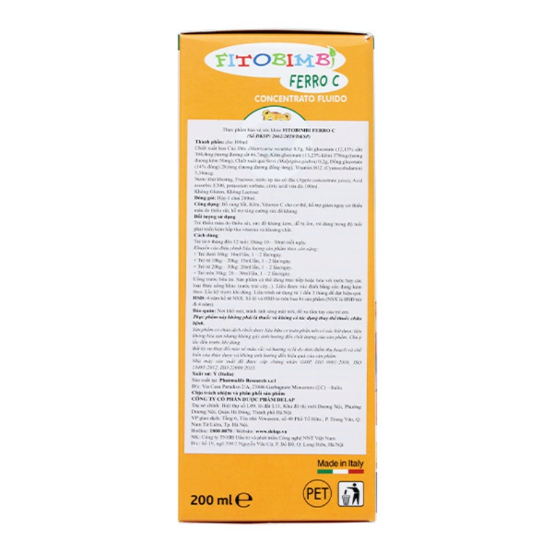 Siro Fitobimbi Ferro C bổ sung sắt, kẽm và vitamin C hương táo, 200 ml dạng uống (6 tháng - 12 tuổi) 3
