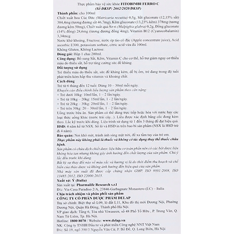 Siro Fitobimbi Ferro C bổ sung sắt, kẽm và vitamin C hương táo, 200 ml dạng uống (6 tháng - 12 tuổi) 7