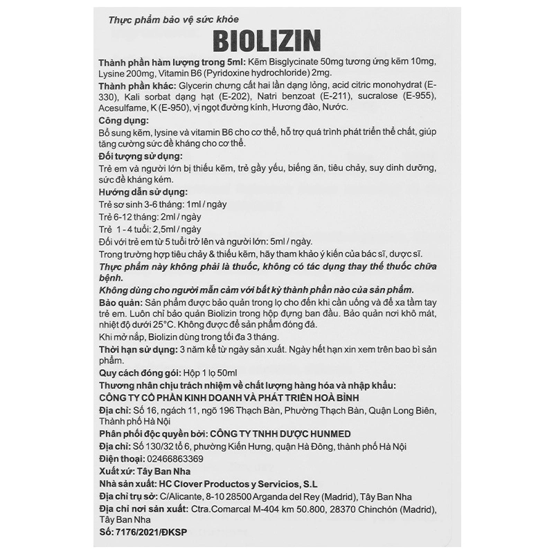 Siro Biolizin tăng cường sức đề kháng hương đào, 50 ml dạng uống (từ 3 tháng) 7