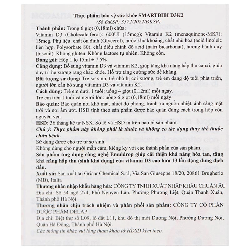 Smartbibi D3K2 hỗ trợ hấp thu canxi hương bánh quy, 15 ml (từ 0 tháng) 6