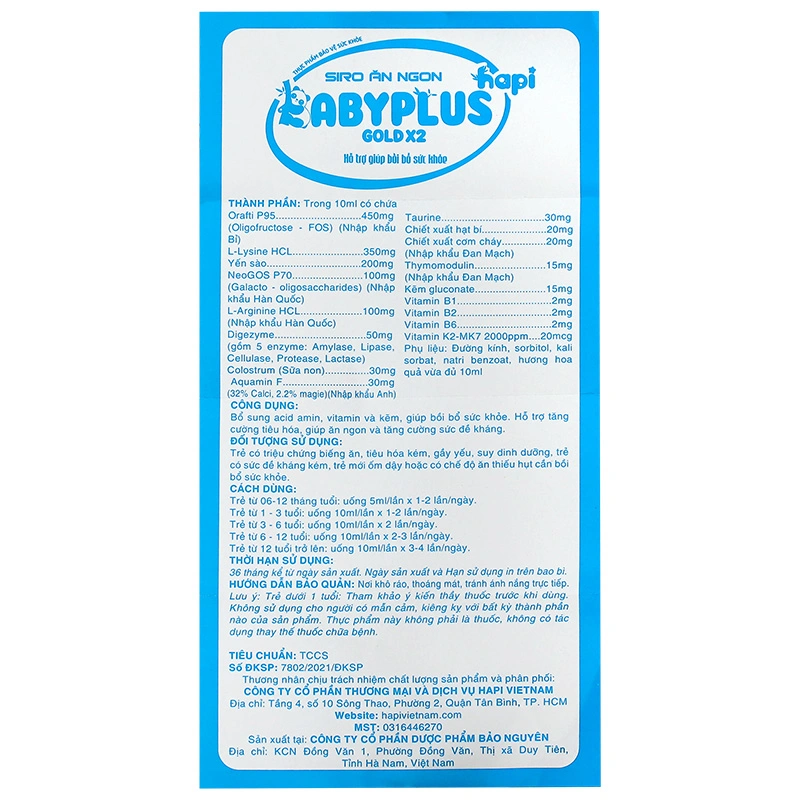Siro Hapi VietNam Baby Plus giúp ăn ngon, bồi bổ sức khỏe hương hoa quả, 30 gói dạng uống (từ 6 tháng) 10