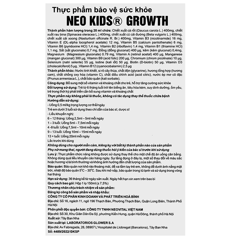 Siro Neo Kids Growth tăng cường sức khỏe hương cam, 150 ml dạng uống (từ 6 tháng) 7