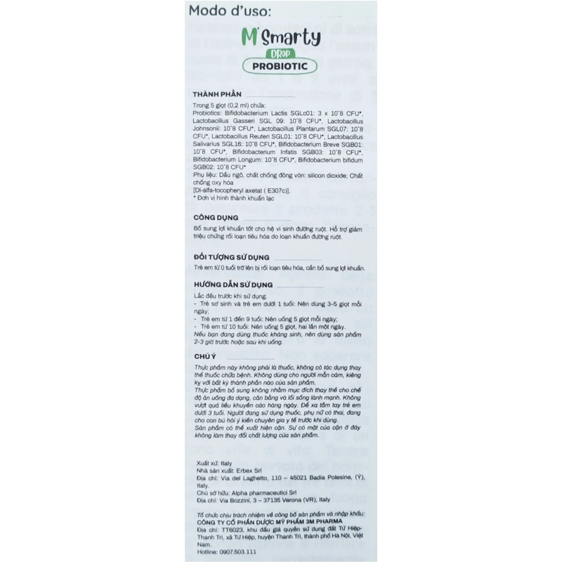 Men vi sinh M'Smarty Probiotics Drops hỗ trợ giảm triệu chứng rối loạn tiêu hóa 10 ml (từ 0 tháng) 4