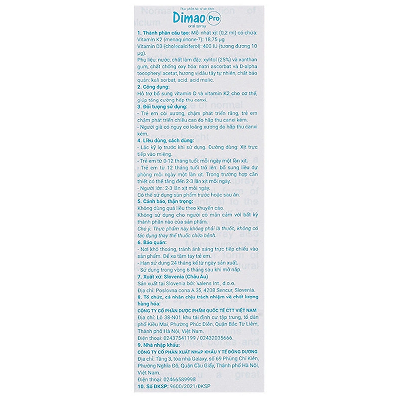Valens Dimao Pro D3+K2 hỗ trợ hấp thu canxi hương dâu, 25 ml dạng xịt (từ 0 tháng) 8