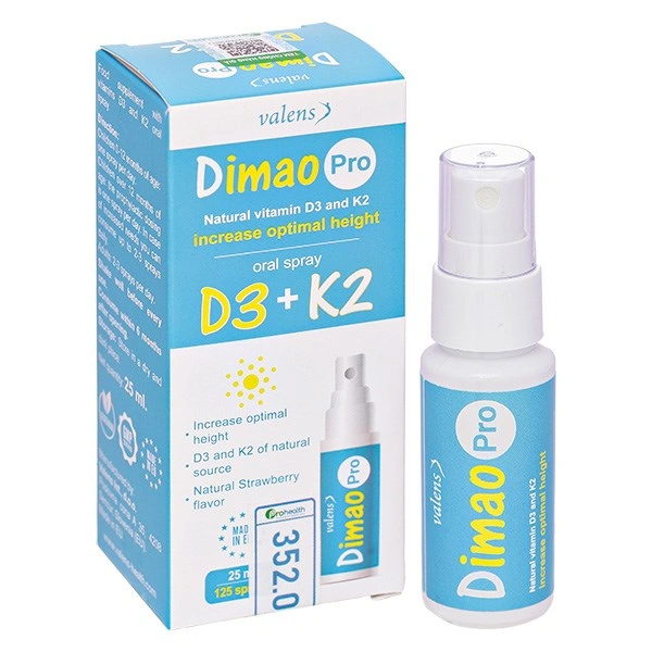 Valens Dimao Pro D3+K2 hỗ trợ hấp thu canxi hương dâu, 25 ml dạng xịt (từ 0 tháng) 1