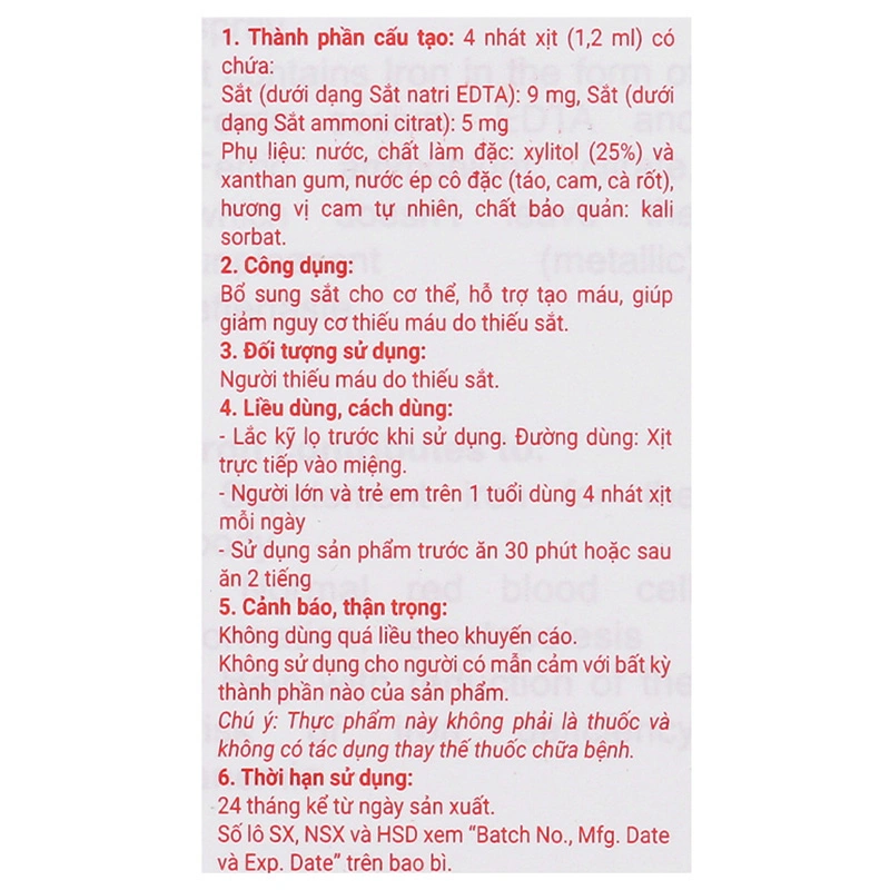 Valens Fe-max bổ sung sắt hương cam, 50 ml dạng xịt (từ 0 tháng) 8