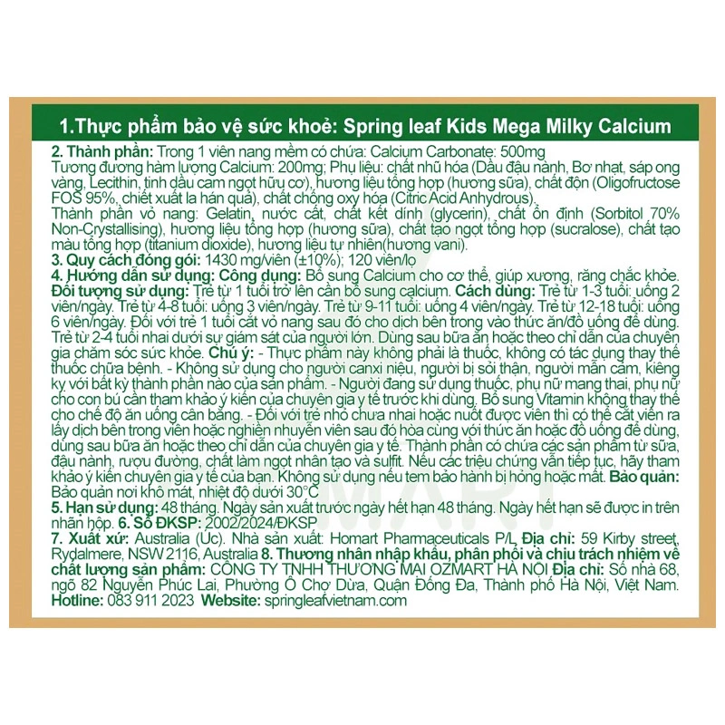 SpringLeaf Kids Mega Milky Calcium hỗ trợ xương, răng chắc khỏe hương vani, sữa, 120 viên dạng viên (từ 1 tuổi) 4