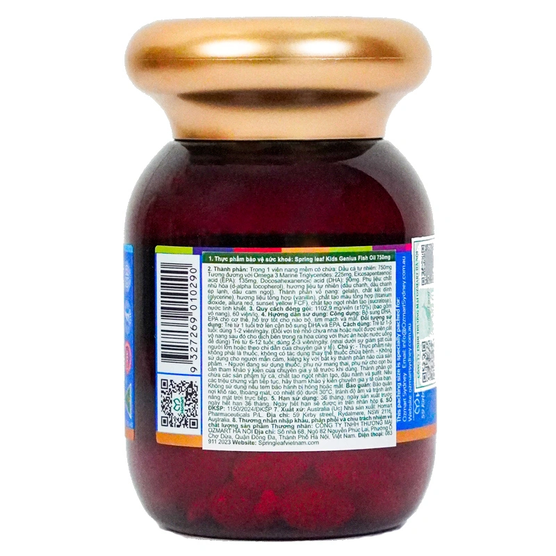 SpringLeaf Kids Genius Fish Oil hỗ trợ não bộ và thị giác hương cam, 60 viên dạng viên (từ 1 tuổi) 2