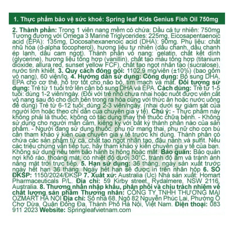 SpringLeaf Kids Genius Fish Oil hỗ trợ não bộ và thị giác hương cam, 60 viên dạng viên (từ 1 tuổi) 4