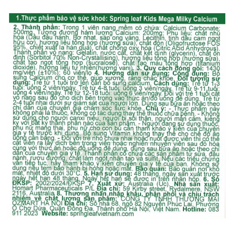 SpringLeaf Kids Mega Milky Calcium hỗ trợ xương, răng chắc khỏe hương vani, sữa, 60 viên dạng viên (từ 1 tuổi) 4