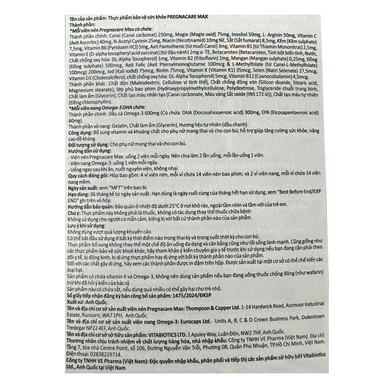 Vitabiotics Pregnacare Max bổ sung vitamin và khoáng chất, 84 viên dạng viên 4