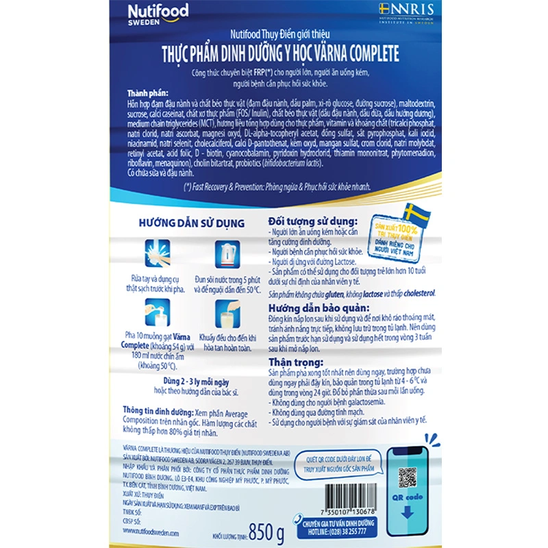 Sữa bột người lớn Nutifood Varna Complete hương nhạt thanh 850g 5