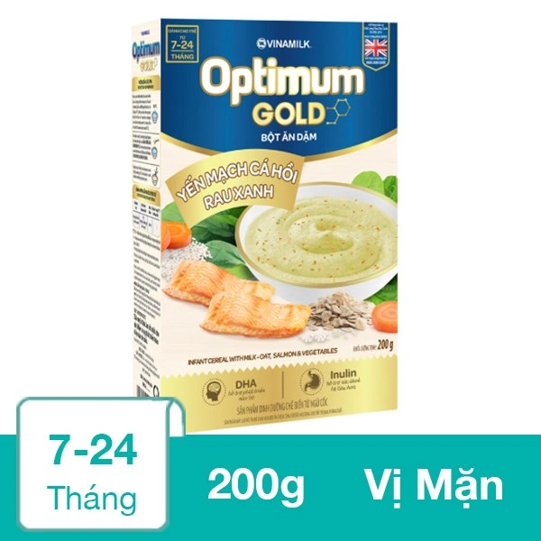 Bột ăn dặm Optimum Gold yến mạch, cá hồi và rau xanh hộp 200g (7 - 24 tháng) 1