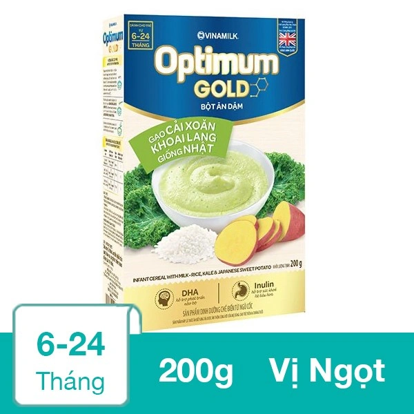 Bột ăn dặm Optimum Gold gạo, cải xoăn và khoai lang hộp 200g (6 - 24 tháng) 1