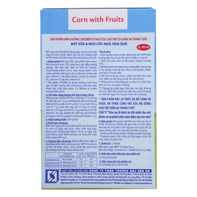 Bột ăn dặm HiPP sữa, ngô và hoa quả hộp 250g (từ 6 tháng) 2