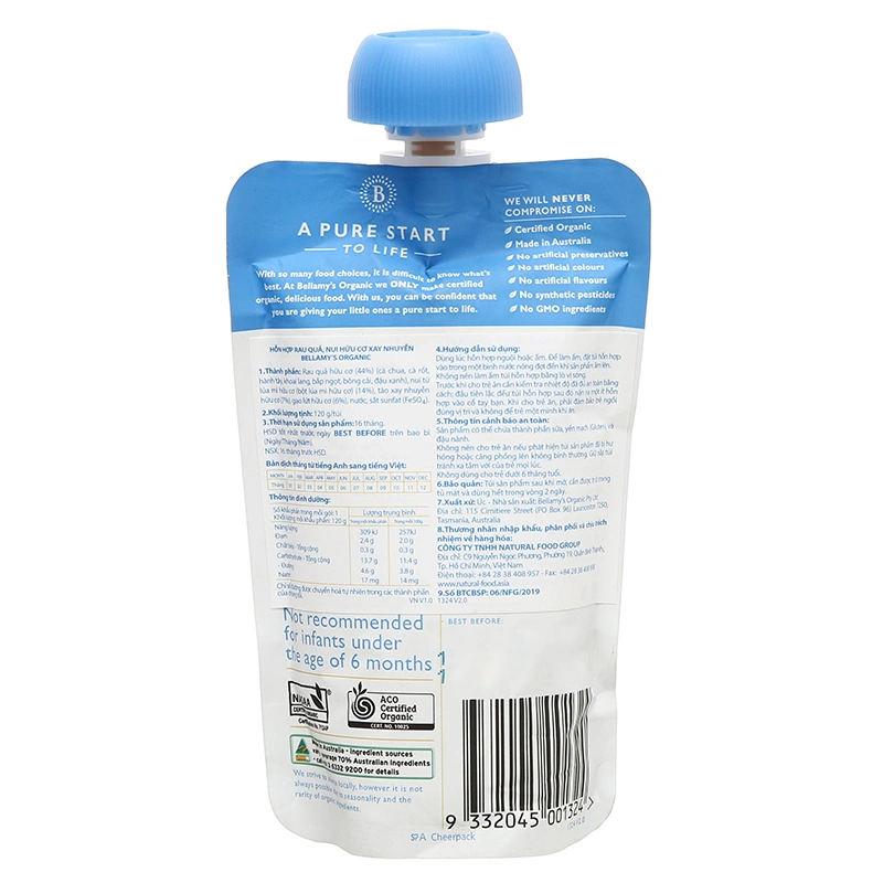 Dinh dưỡng ăn dặm Bellamy's Organic rau quả, nui hữu cơ gói 120g (từ 6 tháng) 2