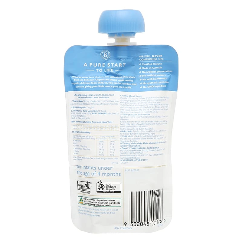 Dinh dưỡng ăn dặm Bellamy's Organic khoai lang, cà rốt và táo gói 120g (từ 4 tháng) 2