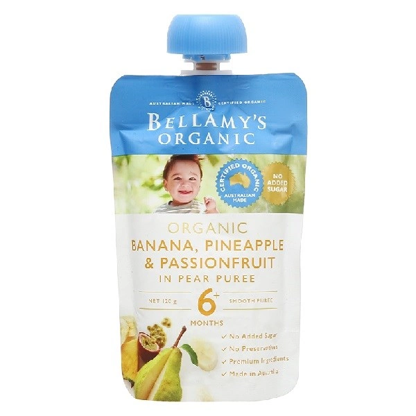 Dinh dưỡng trái cây nghiền Bellamys Organic lê, chuối, dứa và chanh dây túi 120g (từ 6 tháng) 1