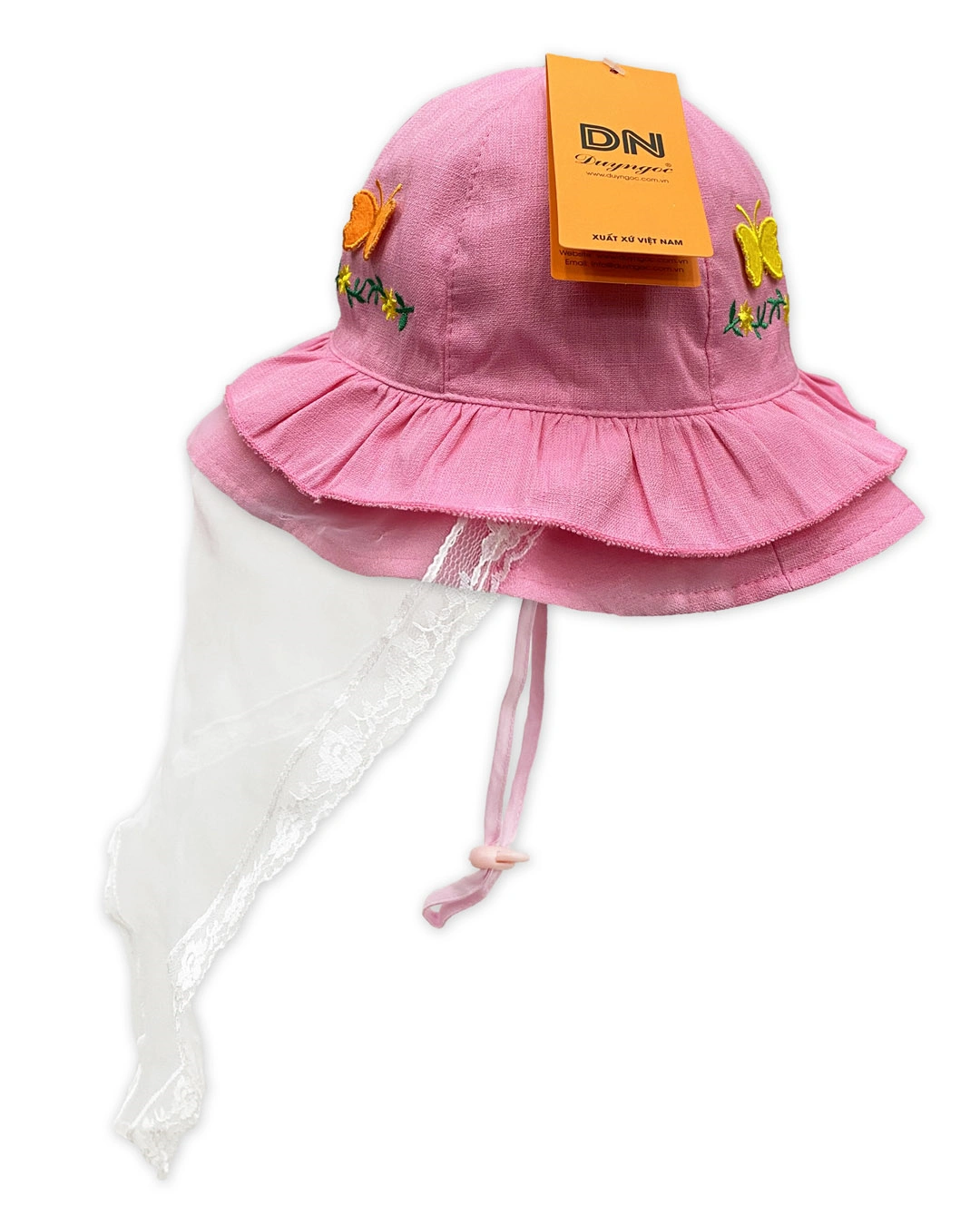 Nón vành cho bé gái Duy Ngọc thêu hoa bướm màu hồng nhạt 2