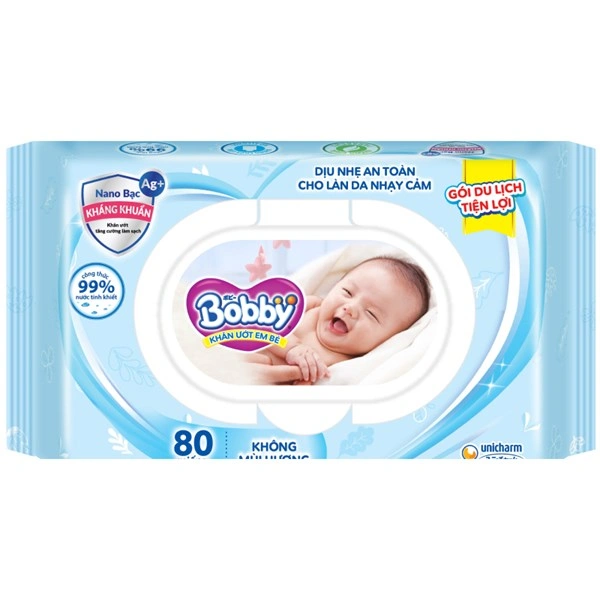 Khăn ướt trẻ em Bobby không hương nắp nhựa 80 miếng_Khuyến mãi Bobby