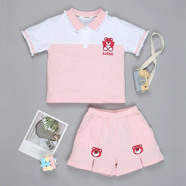 Bộ tay ngắn bé gái Pony Kids thêu gấu Lotso màu trắng - hồng nhạt 1