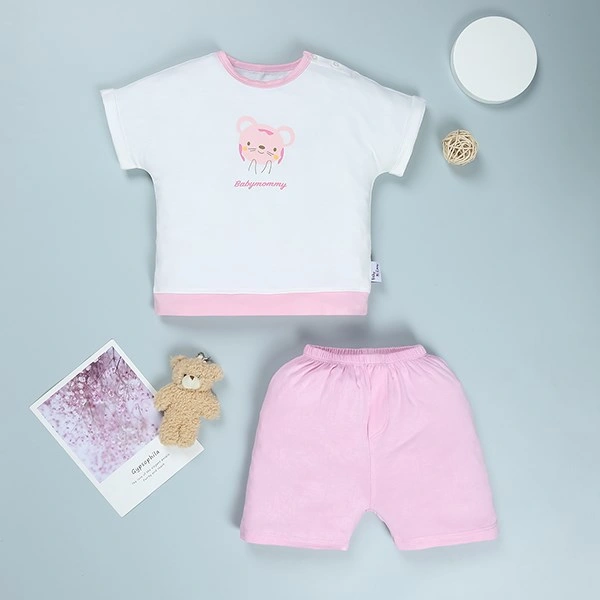 Bộ tay ngắn bé gái BabyMommy cài vai in chuột màu trắng - hồng 1