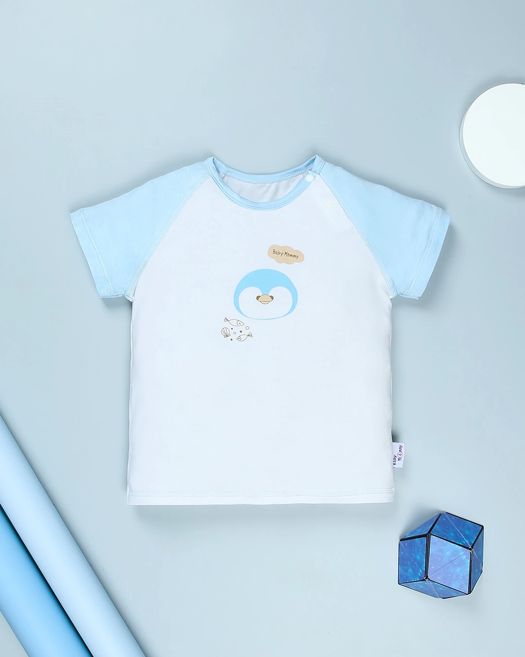 Bộ tay ngắn bé trai BabyMommy cài vai in chim màu trắng - xanh 2