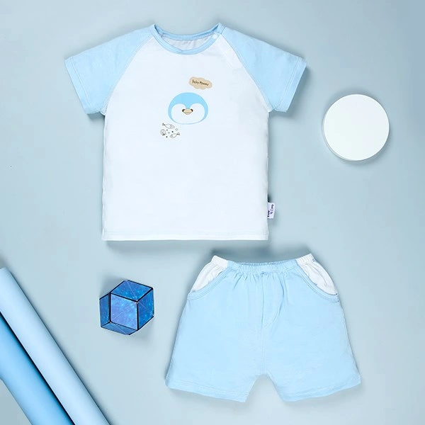 Bộ tay ngắn bé trai BabyMommy cài vai in chim màu trắng - xanh 1