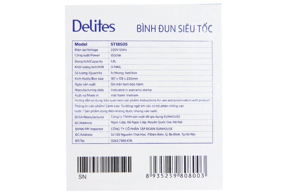Bình đun siêu tốc Delites 1.8 lít ST18S05 10