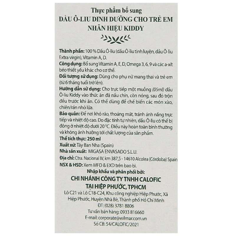 Dầu oliu Kiddy ăn dặm cho bé chai 250 ml (từ 6 tháng) 6