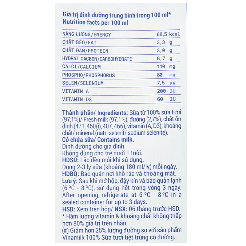 Sữa tươi tiệt trùng Vinamilk ít đường 1 lít (từ 1 tuổi) 9