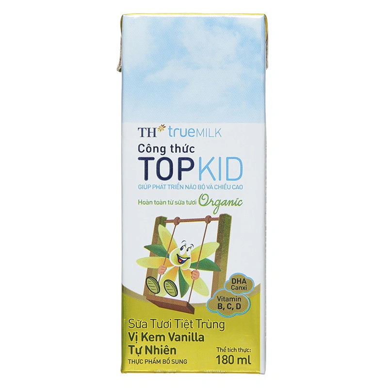 Lốc 4 hộp sữa tươi tiệt trùng TH true MILK TOPKID Organic có đường hương kem vanilla tự nhiên 180 ml (từ 1 tuổi) 4