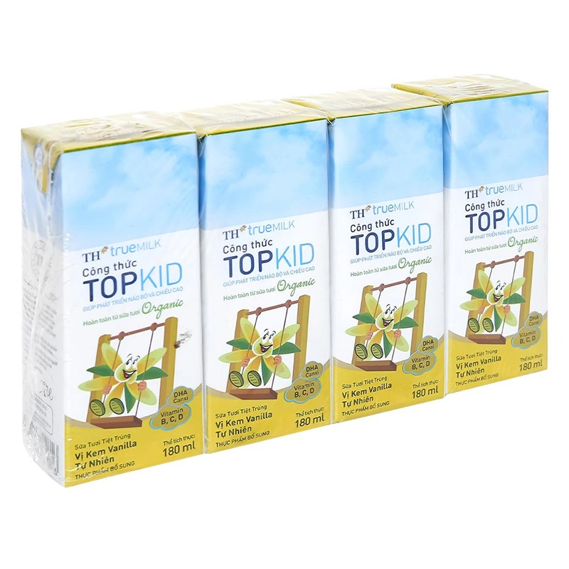 Lốc 4 hộp sữa tươi tiệt trùng TH true MILK TOPKID Organic có đường hương kem vanilla tự nhiên 180 ml (từ 1 tuổi) 12