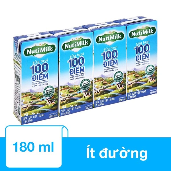 Lốc 4 hộp sữa tươi tiệt trùng Nutimilk 100 điểm ít đường 180 ml (từ 1 tuổi) 1