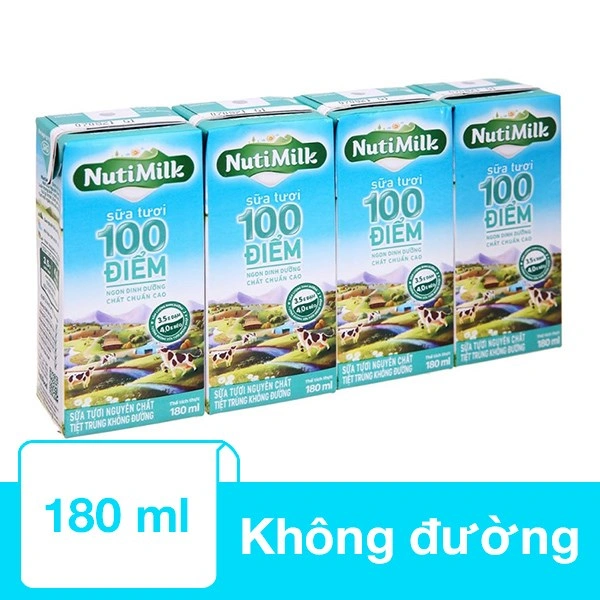 Lốc 4 hộp sữa tươi tiệt trùng Nutimilk 100 điểm không đường 180 ml (từ 1 tuổi) 1