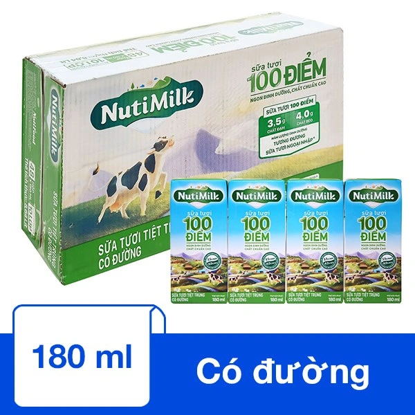 Thùng 48 hộp sữa tươi tiệt trùng Nutimilk 100 điểm có đường 180 ml (từ 1 tuổi) 1