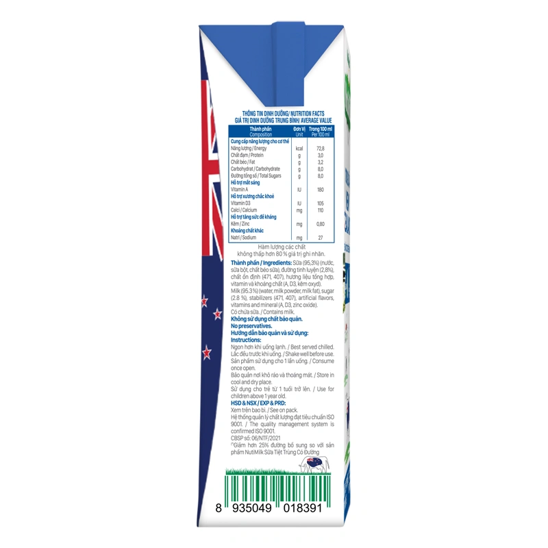 Thùng 48 hộp sữa tiệt trùng Nutimilk New Zealand ít đường 180 ml (từ 1 tuổi) 9
