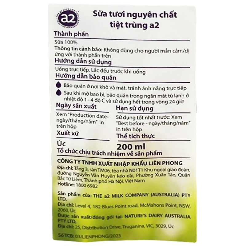 Lốc 6 hộp sữa tươi tiệt trùng a2 Milk không đường 200 ml (từ 1 tuổi) 4