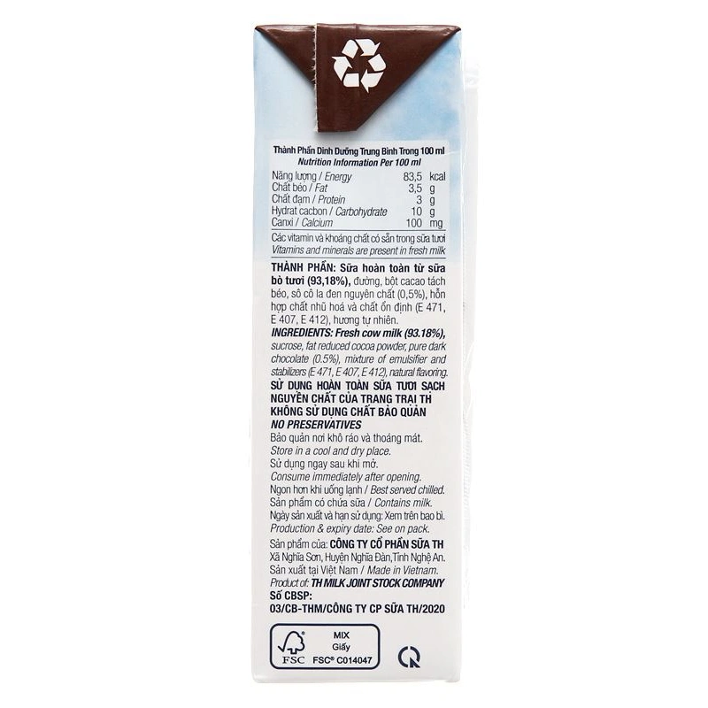 Lốc 4 hộp sữa tươi tiệt trùng TH true MILK có đường hương socola 180 ml (từ 1 tuổi) 4