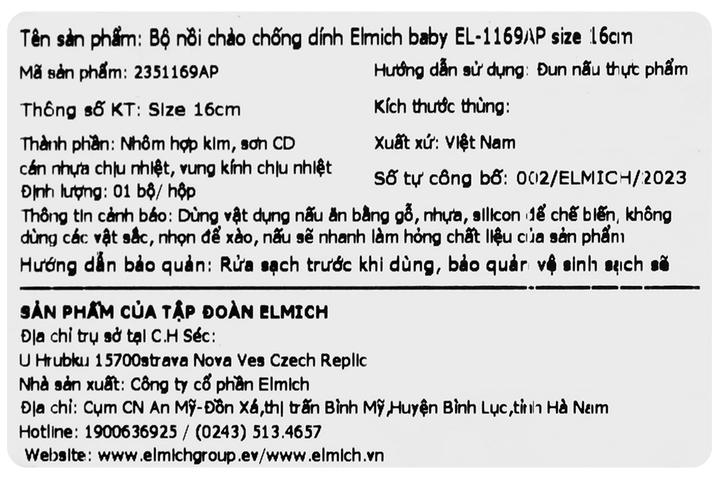 Bộ chảo quánh nhôm chống dính nắp kính Elmich Baby EL-1169AP 16