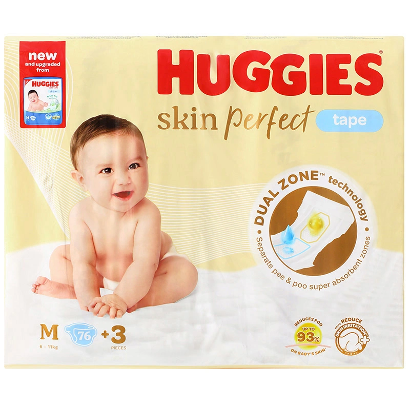 Tã dán Huggies Skin Perfect size M 76 + 3 miếng (6 - 11 kg) - Giao bao bì cộng miếng ngẫu nhiên 3