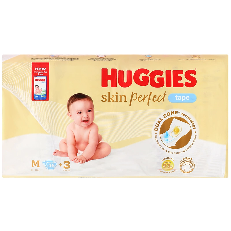 Tã dán Huggies Skin Perfect size M 46 + 3 miếng (6 - 11 kg) - Giao bao bì cộng miếng ngẫu nhiên 3