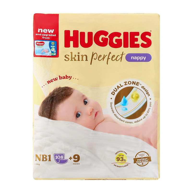 Miếng lót Huggies Skin Perfect size NB1 108 + 9 miếng (Dưới 5 kg) - Giao bao bì cộng miếng ngẫu nhiên 3