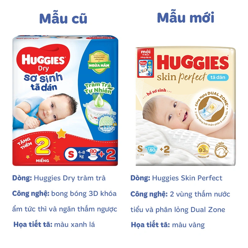 Tã dán Huggies Skin Perfect size S 80 + 2 miếng (4 - 8 kg) - Giao bao bì cộng miếng ngẫu nhiên 2